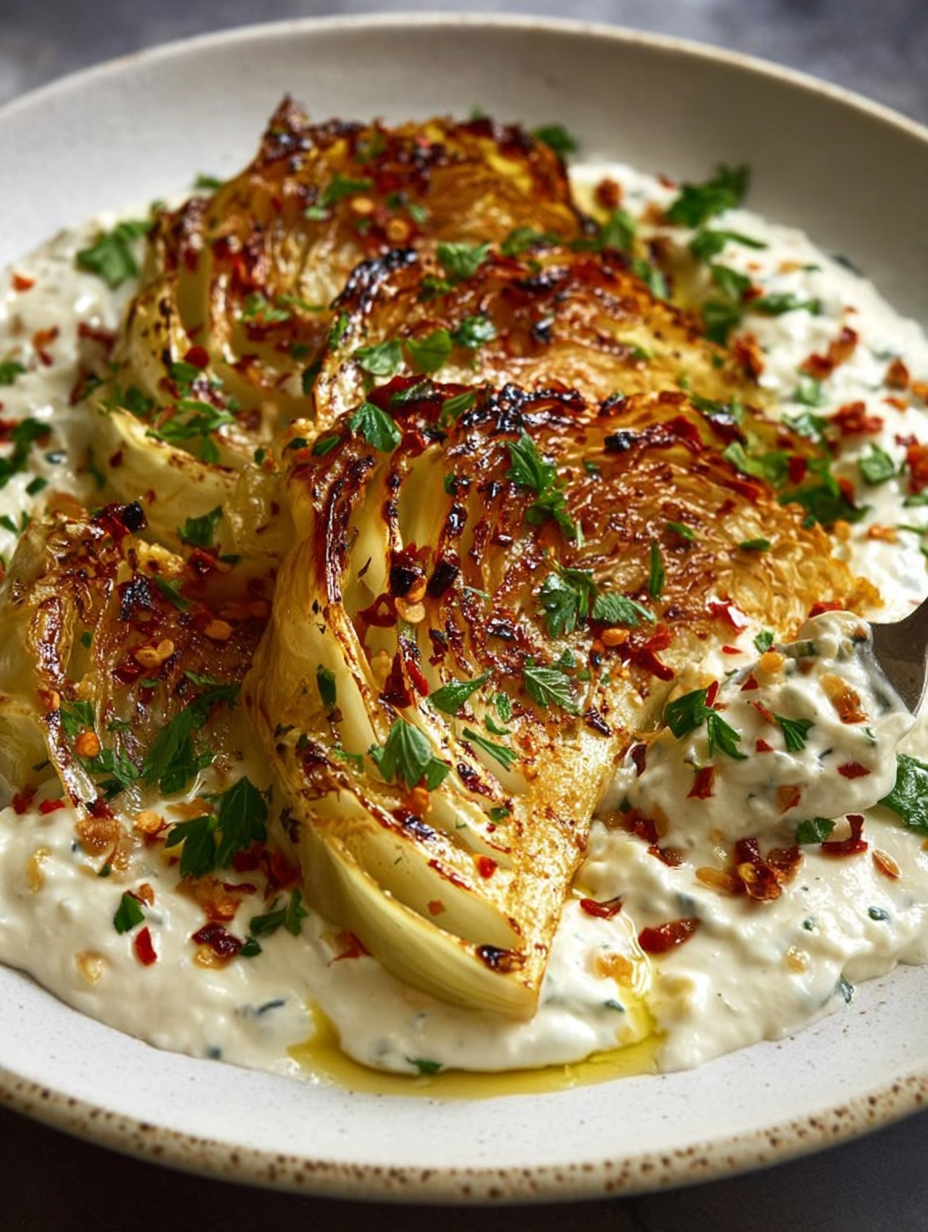 Golden Roasted Cabbage Steaks with Whipped Feta Cream