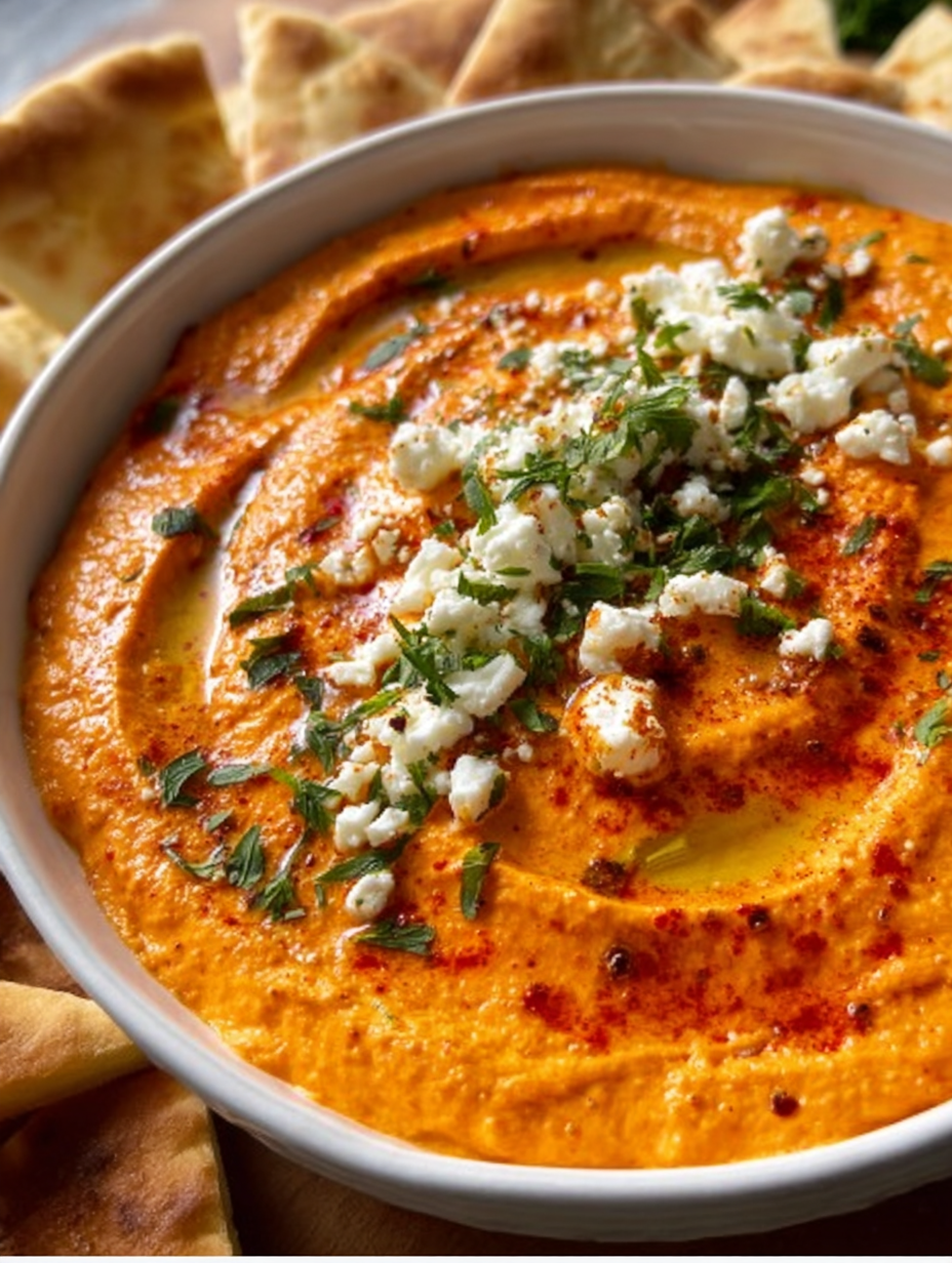Creamy Roasted Red Pepper Feta Dip (Tirokafteri)
