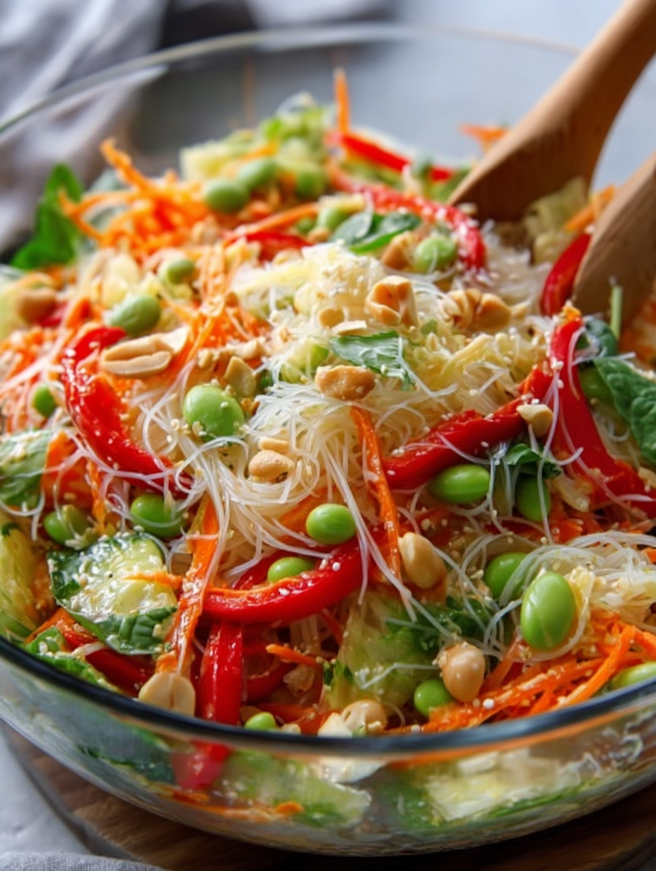 Crunchy Spring Roll Noodle Salad with Spicy Ginger Drizzle