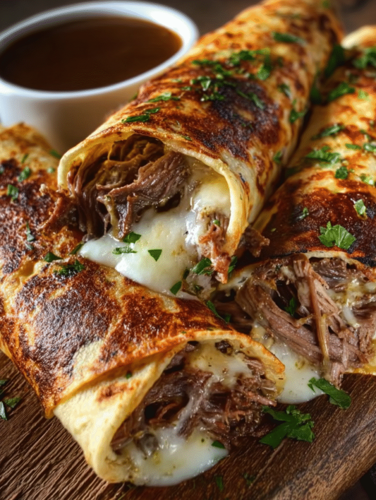 Savory French Dip Tortilla Melt Roll-Ups