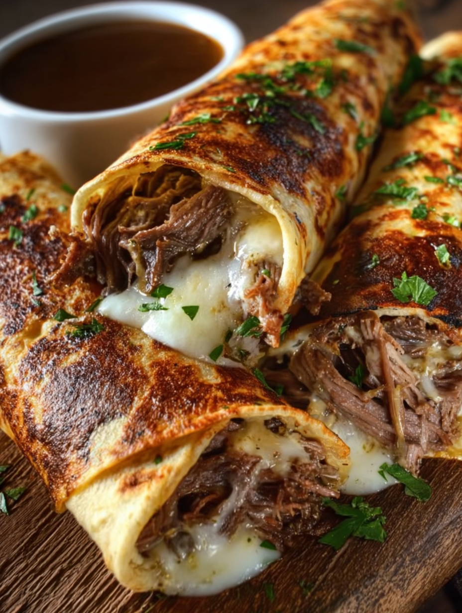 Savory French Dip Tortilla Melt Roll-Ups